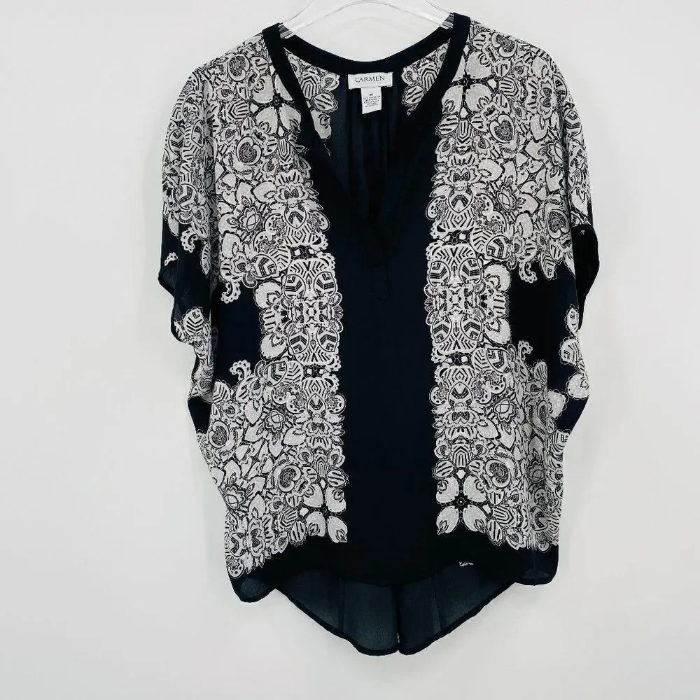 Carmen Marc Valvo Size Medium Black & White Printed V Neck Kimono Style Blouse - Picture 1 of 9